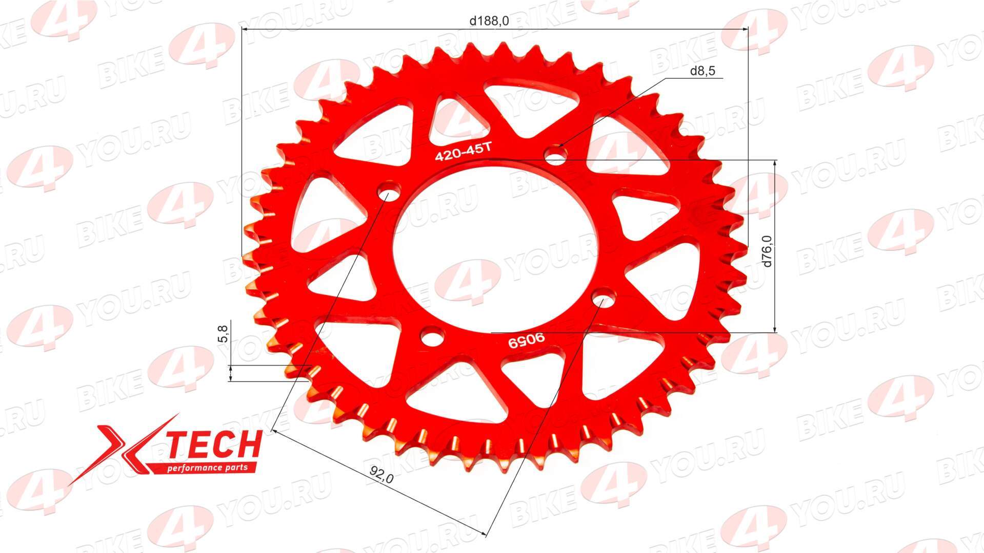 Венец, звезда ведомая (420-45) X-TECH PIT BIKE 125-190 4х90х76 алюминиевая с самоочисткой